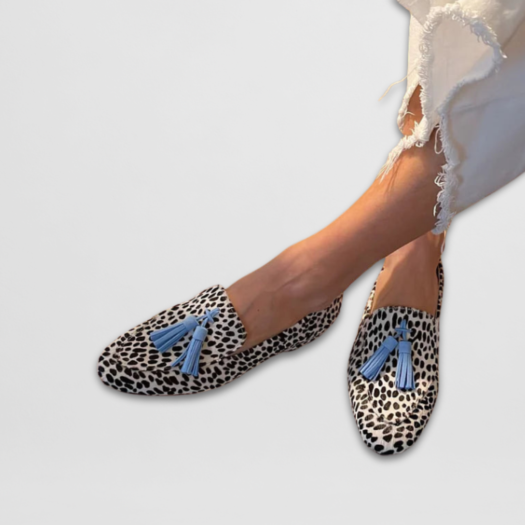 Teresa | Mocasín Estampado Con Flecos Azul