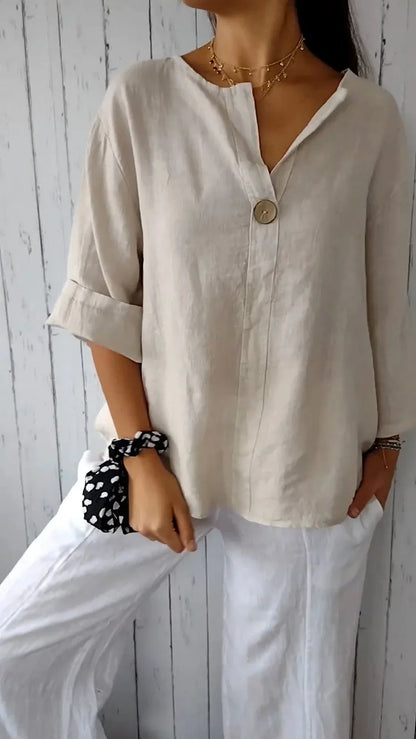 Vanessa | Camisa de algodón y lino con cuello de pico