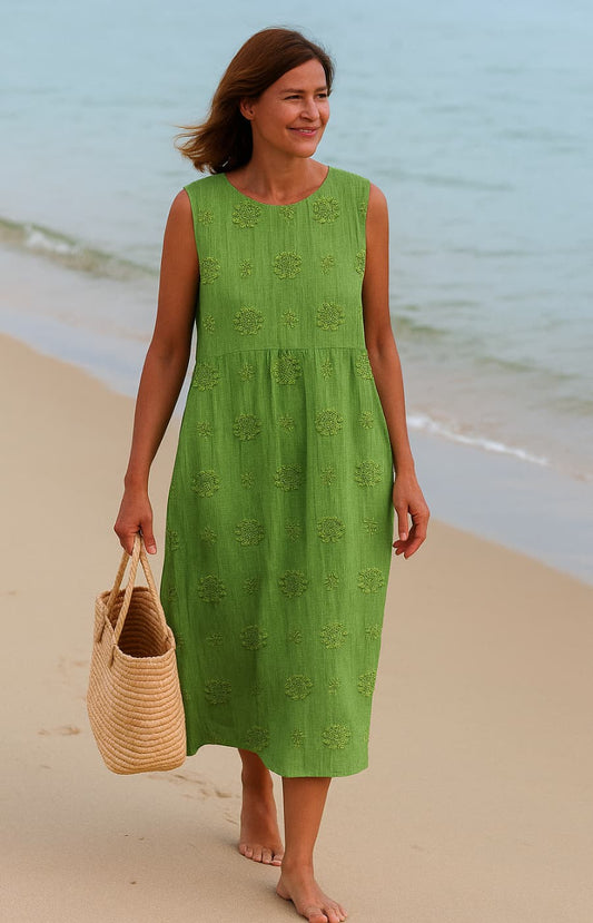 Lina | Vestido midi con bolsillos y bordados naturales