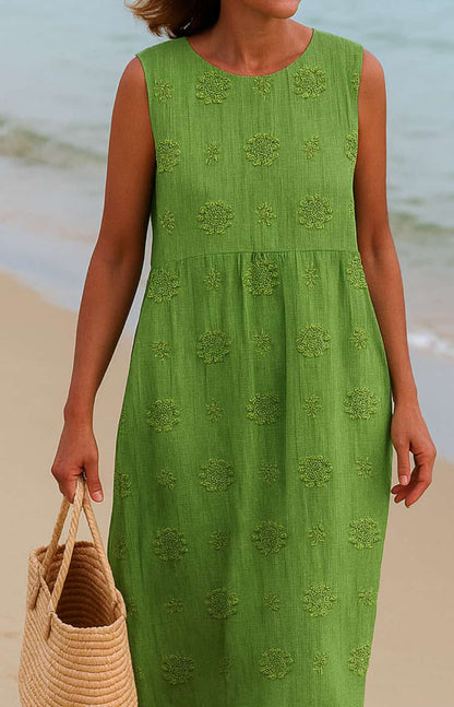 Lina | Vestido midi con bolsillos y bordados naturales