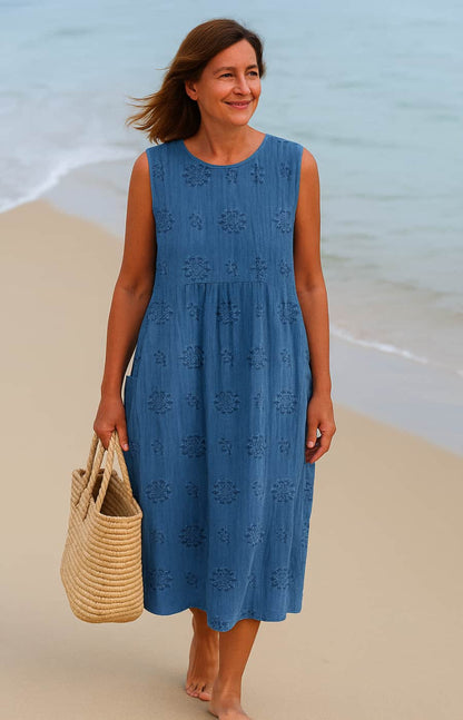 Lina | Vestido midi con bolsillos y bordados naturales