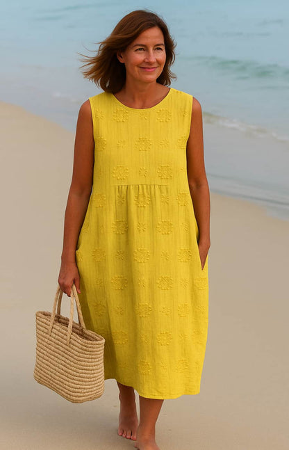 Lina | Vestido midi con bolsillos y bordados naturales