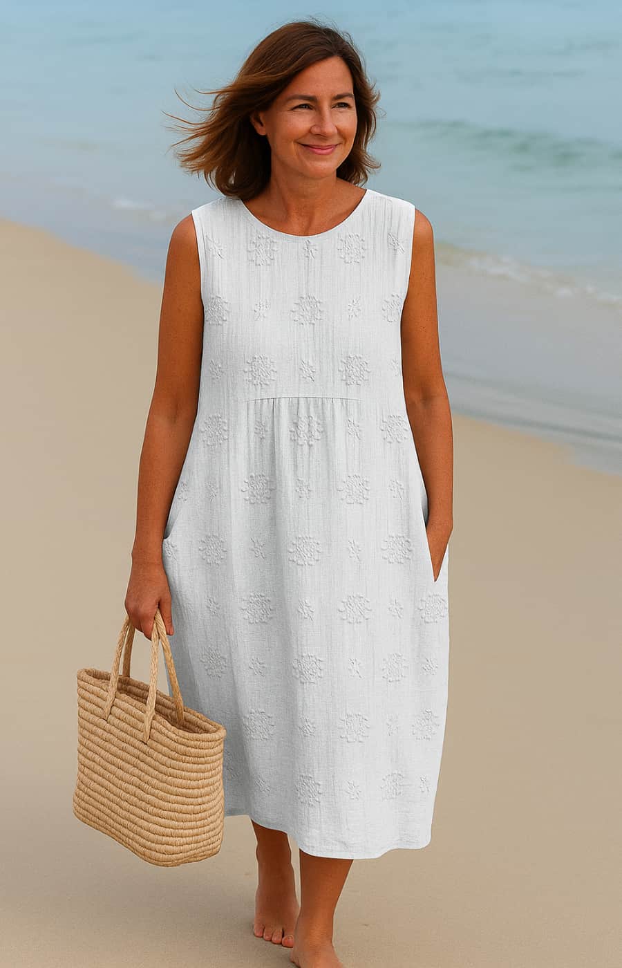Lina | Vestido midi con bolsillos y bordados naturales