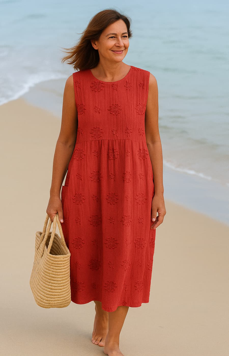 Lina | Vestido midi con bolsillos y bordados naturales