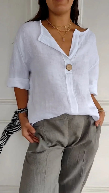 Vanessa | Camisa de algodón y lino con cuello de pico