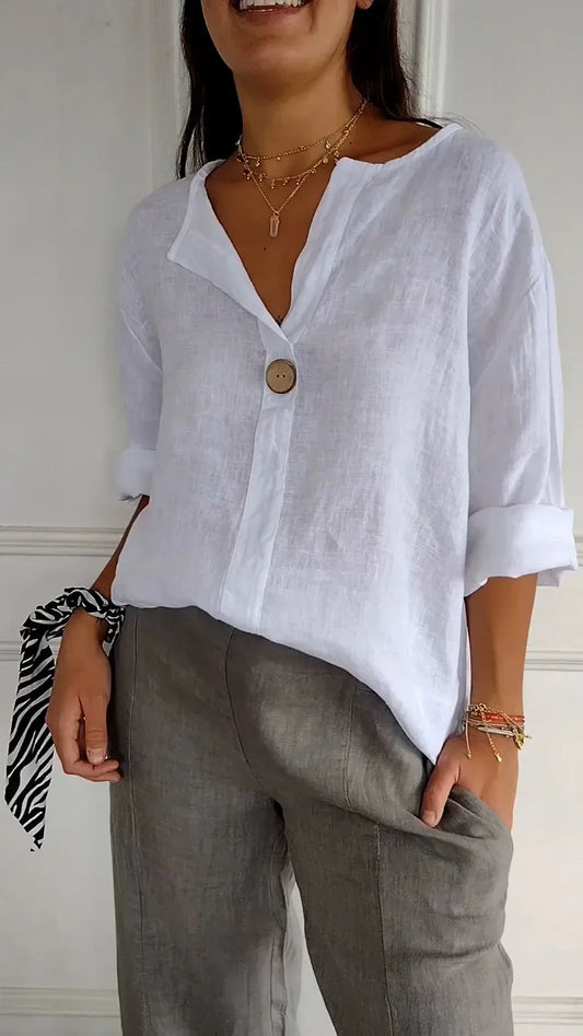 Vanessa | Camisa de algodón y lino con cuello de pico