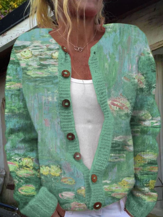 Anwen | Cárdigan verde con estampado artístico