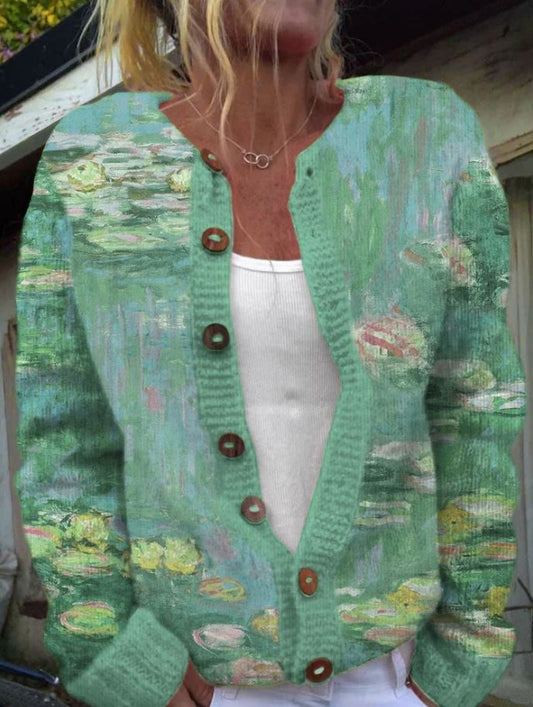 Anwen | Cárdigan verde con estampado artístico
